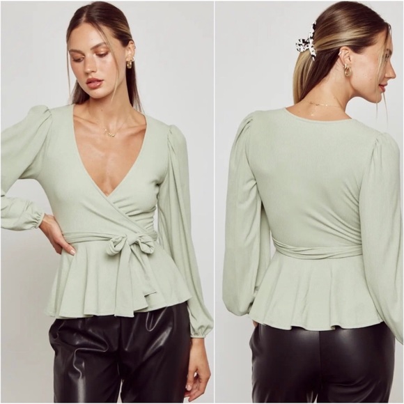2 LEFT! Light Green Surplice Neckline Peplum Style Women's Fall Blouse Top - Picture 4 of 4